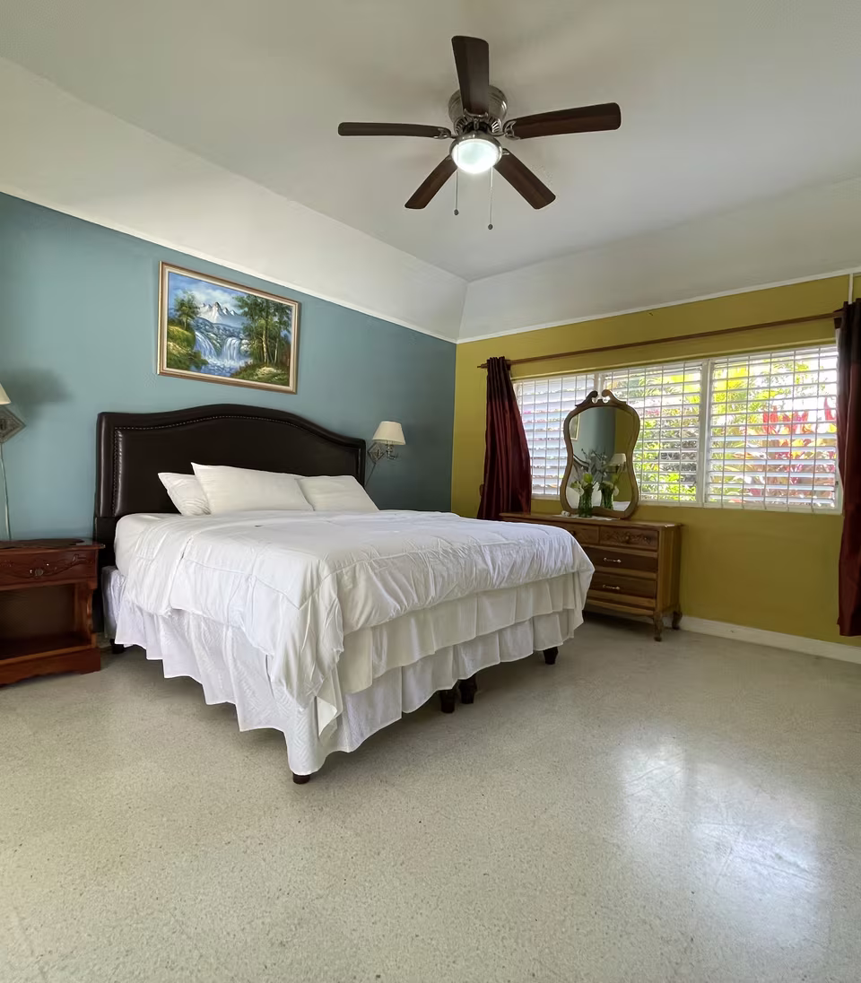 A king bedroom with garden view, ceiling fan and en-suite access